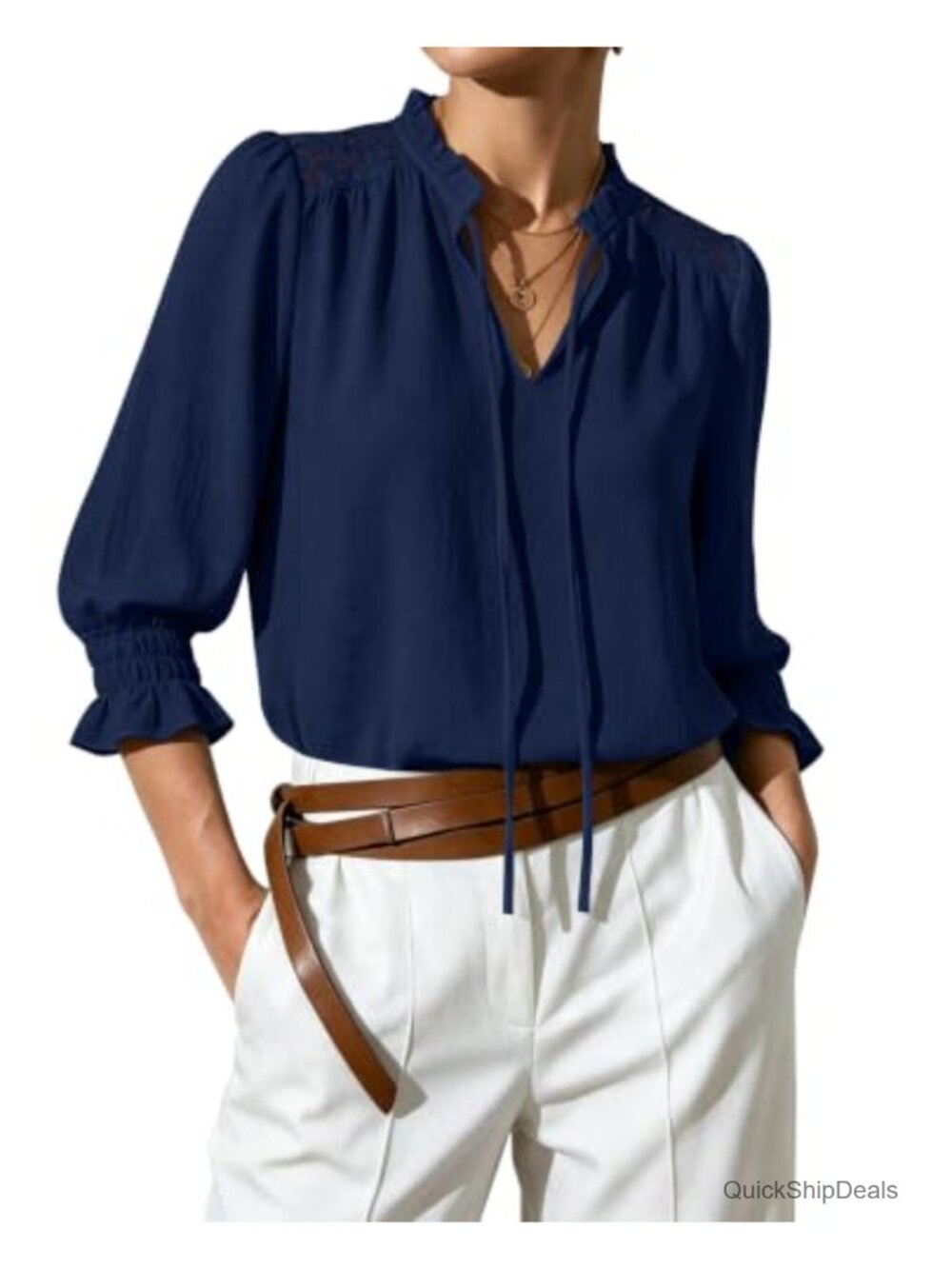 Women's Flowy Peasant Blouse 3/4 Sleeve Ruffle Collar Lace Embroidered Top
